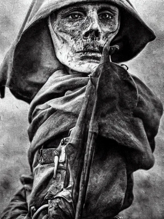 Prompt: portrait of grim reaper on the battlefield, ww1 photo, grainy, high detail, high resolution,