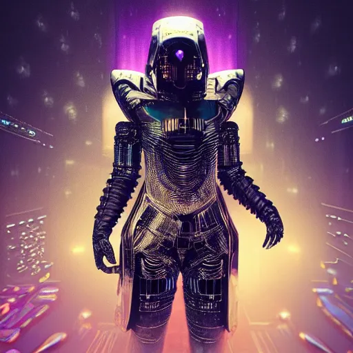 Image similar to “Powerful dark sleek humanoid being wearing iridescent shimmering cosmic gothic ninja armor made of circuit boards (Epic scene, rich atmosphere, octane render, full body portrait)”
