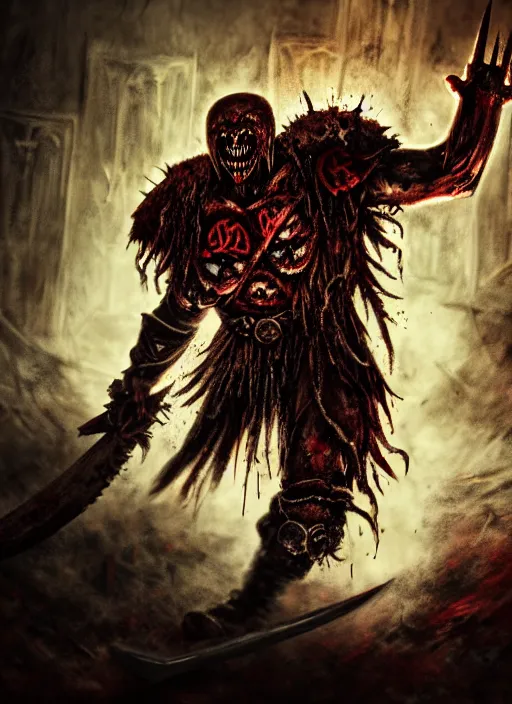 Image similar to berserker of khorne, blood warrior, evil, bloody axe, screaming, insanity, anger, psychopath, intricate, bloody runes, runes, yellow and brown lighting, bottom up lighting, warhammer, warhammer 4 0 k, highly detailed, digital painting, concept art, sharp focus, illustration, psychedelic, grim dark, moody, gloomy