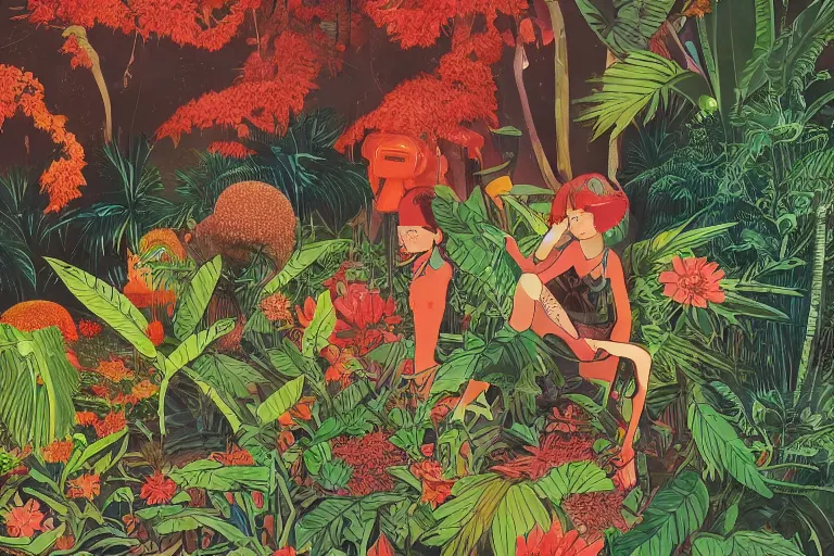 Image similar to 2 d gouache illustration, a lot of exotic vegetation, trees, ( rotterdam gabber from 9 0's ). extreme long shot, flowers, oldschool vintage sci - fi flat surreal design, super - detailed, painting by satoshi kon, hd, 4 k, high quality