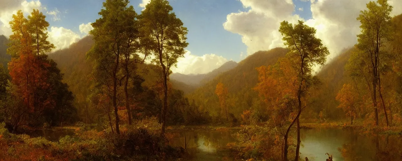 Image similar to beautiful forest scenery, distant mountains, river flowing through the verdant underbrush, distant clouds, cloud shadow, late autumn, painting by albert bierstadt and thomas cole