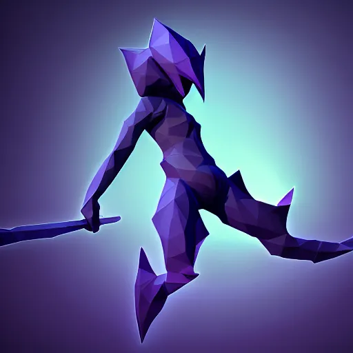 Image similar to low poly simple art of Nocturne splashart, nocturne is a dark ghost with no legs in armor and has blades on his arms, league of legends nocturne, 8k resolution, high detail, ULTRA REALISTIC VFX, reflections, post processing