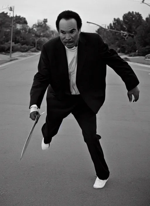 Image similar to norm macdonald running from oj simpson who is carrying a knife, canon 5 d, fuji 8 0 0 3 5 mm, 5 0 mm lens