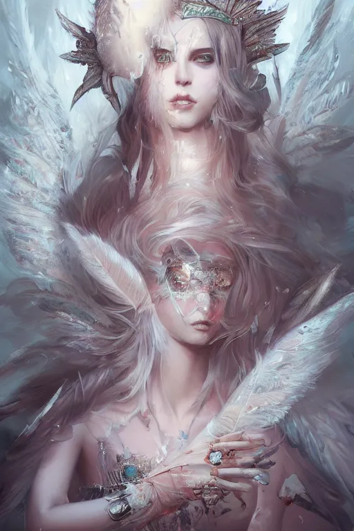 Prompt: beautiful princess with face covered with blood crystals wearing frost feathers, diamonds, angel, fantasy, dramatic lighting, highly detailed, digital painting, magic the gathering, hyper detailed, 3 d render, hyper realistic detailed portrait, peter mohrbacher, wlop, ruan jia