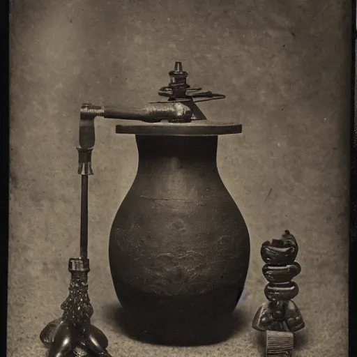 Image similar to Tintype photography of exotic objects, magic objects, ethnographic museum, indigenous, salvaje, nature and culture, 1920s studio lighting.