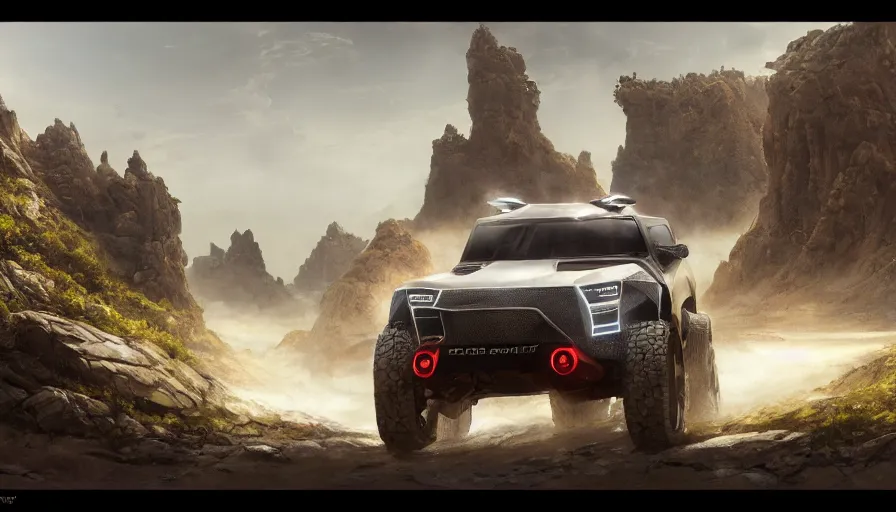 Prompt: a futuristic offroad suv designed by apple riding through socotra island, artgerm and greg rutkowski and alphonse mucha, an epic fantasy, establishing shot, volumetric light, detailed, trending on art station, octane render, midsommar