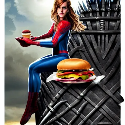 Image similar to emma watson in a spiderman suit sitting on the iron throne, eating a hamburger, photorealistic, highly detailed, artstation, smooth, anatomically correct, art by michael whelan, artgerm, greg rutkowski and alphonse mucha