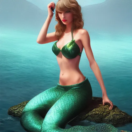 Image similar to taylor swift as a mermaid, detailed features, slim, by artgerm in the style of ilya repin, artstation, octane render, 8k