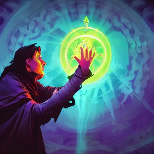 Image similar to a warlock is casting a magic spell while with magic orb floating in his hand , dynamic pose, chromatic aberration , medium level shot, Mucha style , Grim fantasy, illustration ,concept art, Mucha style,