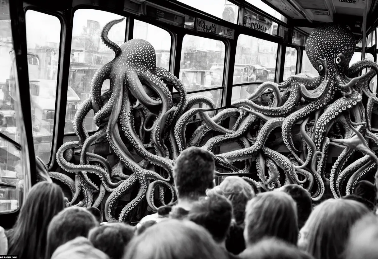 Image similar to a wide photo of a interior of a crowded bus with a huge octopus trying to get in, octopus beak can be seen, arms creeping in thrugh the windows, people are scared and screaming while trying to free through the windows and doors,