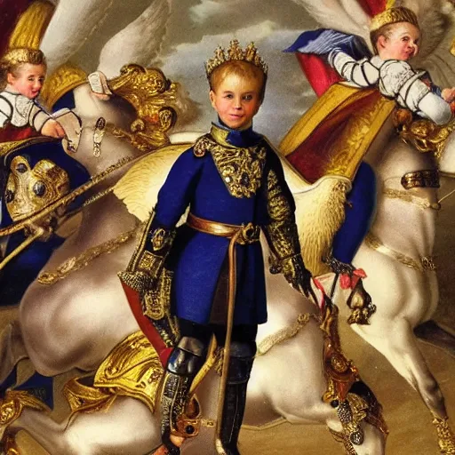 Prompt: prince william, duke of cambridge wearing knight's armor with heavenly angels surrounding him