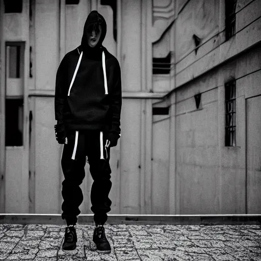 Image similar to fashion photography of an extraterrestrial model, wearing futuristic hip - hop streetwear fashion, inside berghain, berlin fashion, futuristic fashion, photo 3 5 mm leica, hyperdetail, hoodie, 8 k, very detailed, black and white