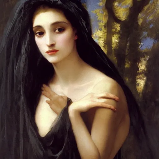 Prompt: oil painting of princess Vulvine, Hungarian, curly dark hair, fair skin, funeral veil, dark ominous by Georgia o Keeffe, by Marcel Jankowicz, by Bouguereau, by Gustave Moreau, concept art, master, realism, romantism