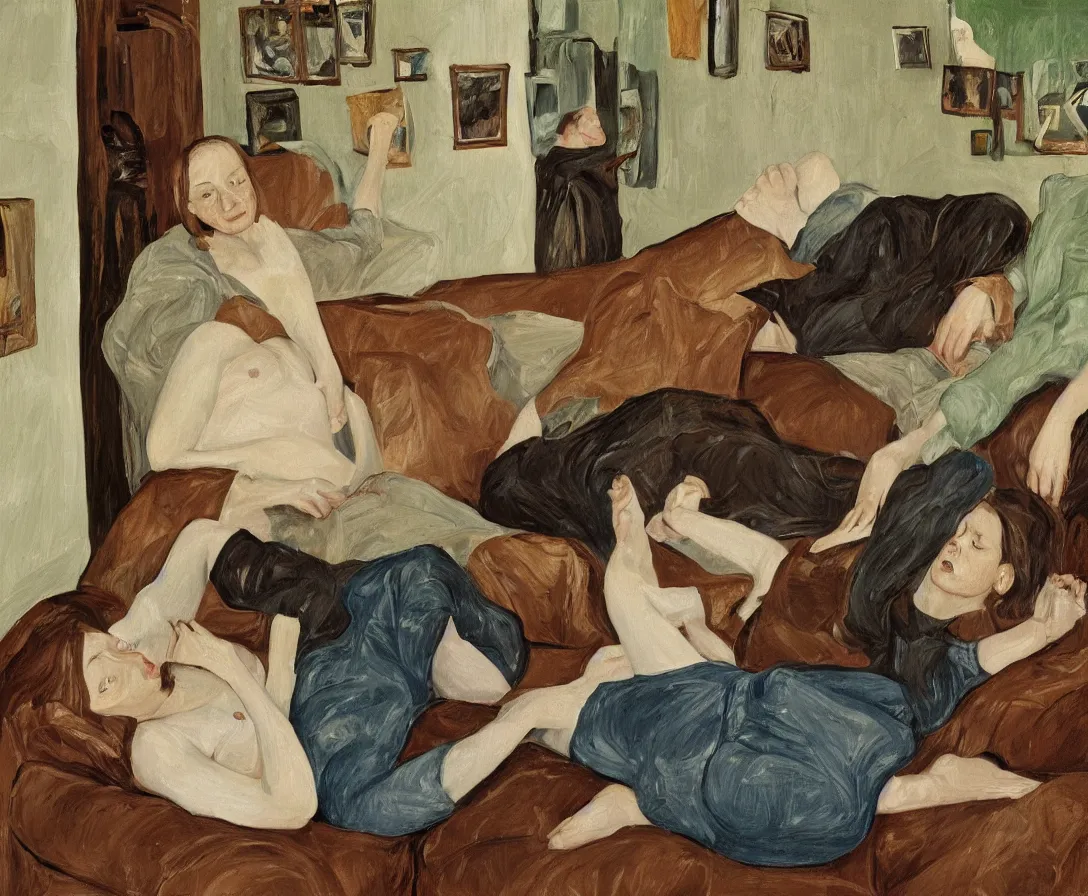 Prompt: portrait of two women lying horizontal, in an old english apartment on a brown leather sofa. one is wearing a dark blue sweather, the other a white shirt. brown hair, they are looking into the camera. wide shot. in the style of lucien freud. oil painting. green mood. isometric perspective