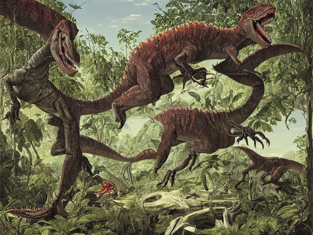 Image similar to Mutant dinosaur trapped in a ravine. Painting by Luigi Serafini, Walton Ford, Audubon