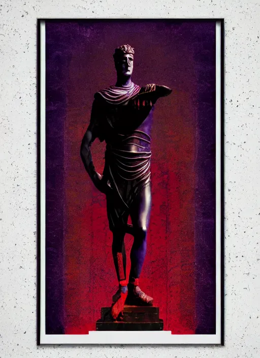 Prompt: design poster showing a statue of julius caesar, black background with very subtle red and purple design elements, powerful, nekro, laszlo moholy - nagy, graphic design, collage art, thin lines, dark, glitch art, neo vaporwave, gritty, layout frame, square, trending on artstation
