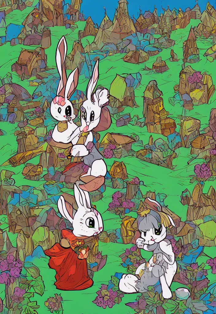 Image similar to , bunny kingdom fantasy ,digital art, illustration, stylized, cel shaded