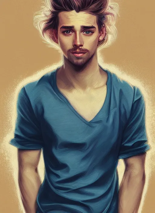 Image similar to handsome young man with shoulder length blond hair, half body shot, path traced, highly detailed, high quality, digital painting, alena aenami, lilia alvarado, shinji aramaki, karol bak, alphonse mucha, tom bagshaw