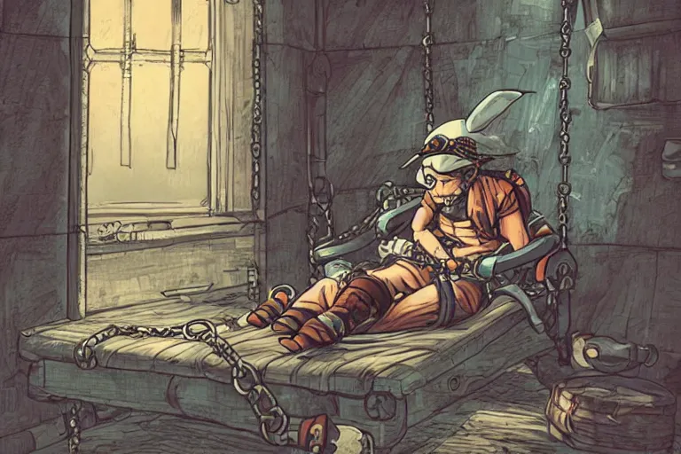 Prompt: aesthetic digital illustration of a pirate wearing a ball and chain by masamune shirow and shawn coss, sitting on a cot under a barred window inside a prison