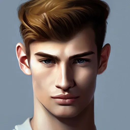 Image similar to man in his twenties with brown blond short quiff hair and thin slightly round facial structure with cleft chin, straight eyebrows, bumpy nose, good definition of cheekbones, Alert brown eyes, narrow face, slim body, atmospheric lighting, painted, intricate, 4k, highly detailed by Charlie Bowater