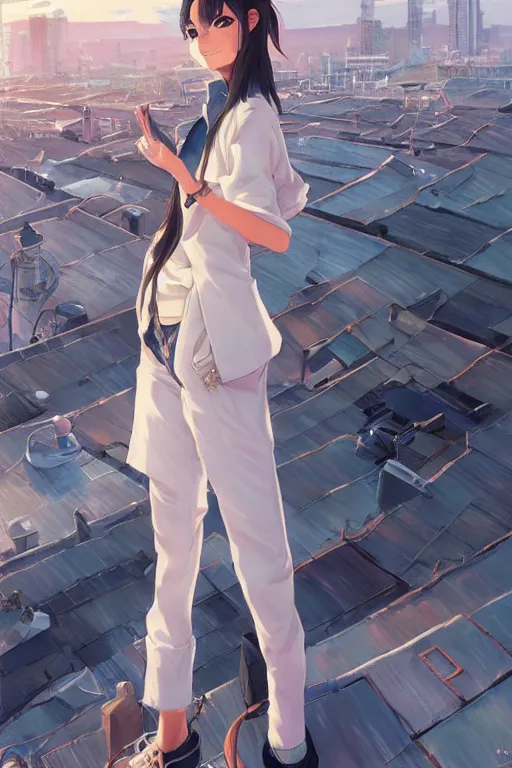 Prompt: A ultradetailed beautiful panting of a stylish woman standing on a rooftop, she is wearing streetwear, by Makoto Shinkai