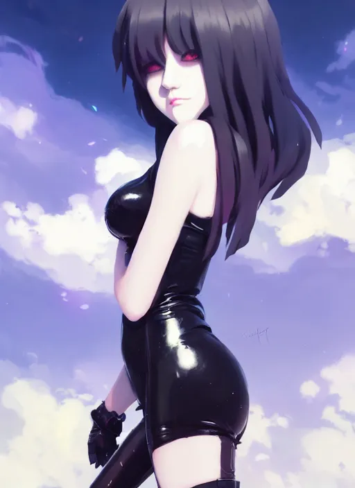 Prompt: portrait of cute goth girl in latex clothes, cloudy sky background lush landscape illustration concept art anime key visual trending pixiv fanbox by wlop and greg rutkowski and makoto shinkai and studio ghibli