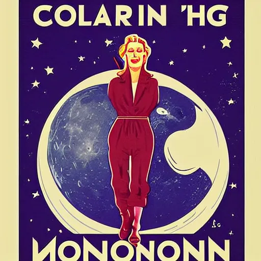 Image similar to propaganda poster for colonizing the moon with cate blanchett, by bonesetell