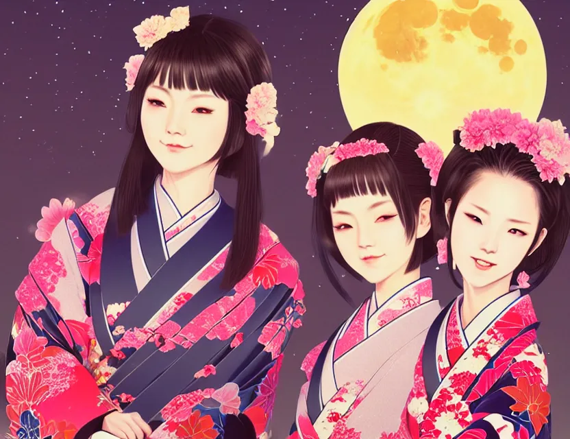 Image similar to two beautiful charming japan girls wear arty kimono in festival | | sunny night, full moon, dreamlike art, realistic shaded, smile, good looking, hyper details, 4 k realistic, cryengine, realistic shaded lighting poster by ilya kuvshinov, fuji choko, ross tran, 8 k resolution, trending on artstation, luxury