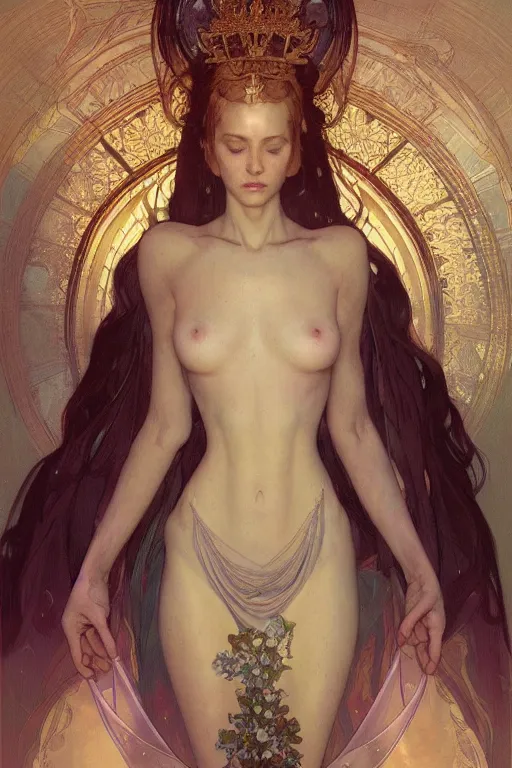 Image similar to a full body portrait of a beautiful ethereal delicate mage queen meditative sacral pose of vestal power, bedroom, intricate, elegant, highly detailed, digital painting, artstation, concept art, smooth, sharp focus, illustration, art by krenz cushart and artem demura and alphonse mucha