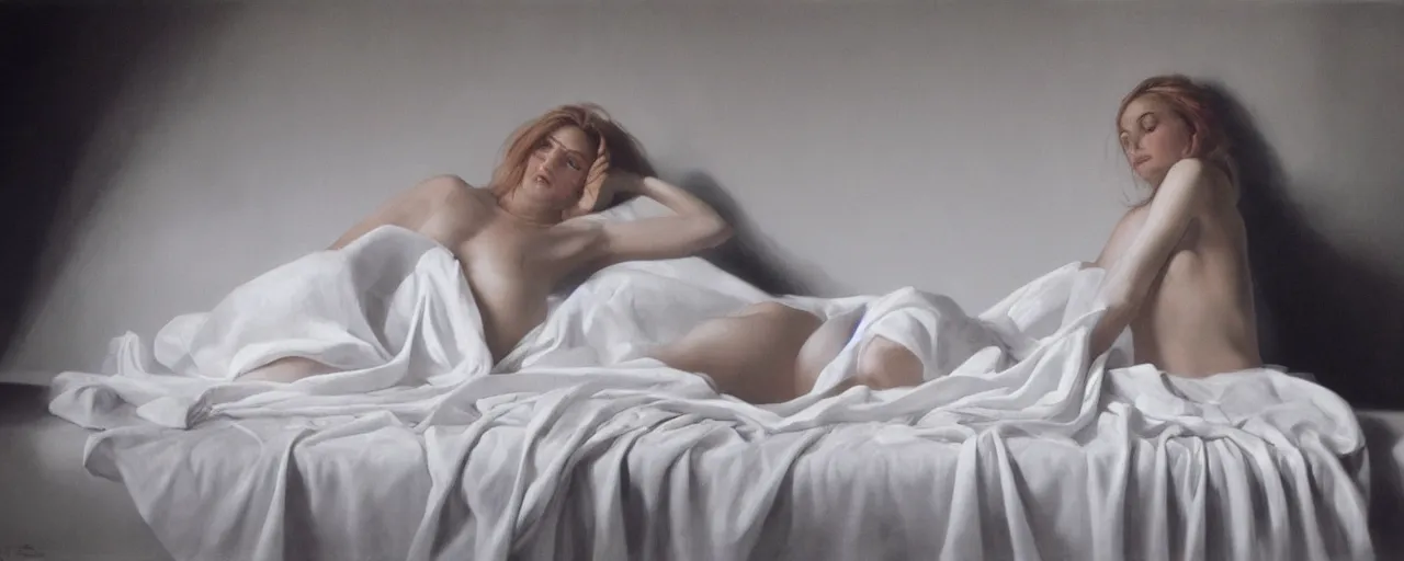 Prompt: hyperrealism, woman in white sheets, soft light, in style of classicism