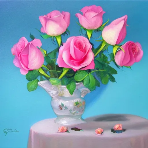 Prompt: squishy delicacy, sacred flower, pink roses, detailed oil painting by Georgia O’Keefe