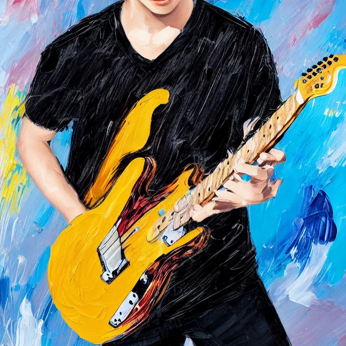 Prompt: abstract large swirly brush strokes painting of a young korean man wearing black v neck t shirt holding a telecaster!!! electric guitar!!, candid!! dark background, huge thick flowing dramatic brush strokes, matte colors, abstract, emotional masterpiece, impressionist, motion, trending on artstation