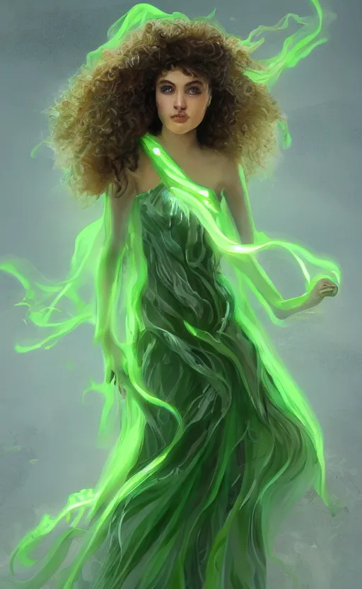 Image similar to a young woman with wild, curly hair and bright green eyes. she's wearing a flowing dress made of light, airy fabric and she has a mischievous look on her face, dynamic lighting, photorealistic fantasy concept art, trending on art station, stunning visuals, creative, cinematic, ultra detailed