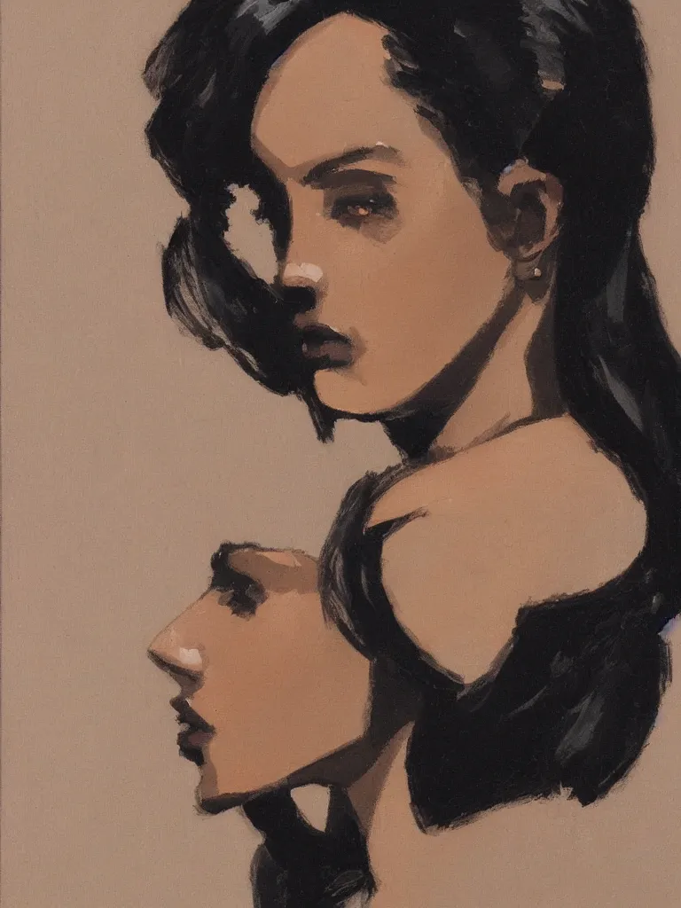 Image similar to portrait profile of one mysterious dark beautiful women in 1 9 7 8, oil painting by john watkiss