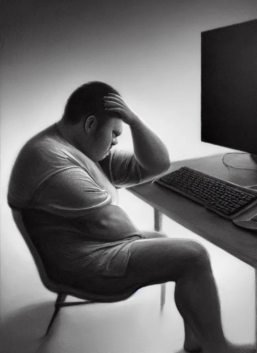 Prompt: insanely detailed chiaroscuro image of a exhausted - looking chubby casually - dressed programmer guy on his knees facing his glowing ultrawide monitor monitor begging it for forgiveness, oil on canvas, masterwork, fine detail, trending on artstation, emotive, insanely compelling, ryden, koons, moebius