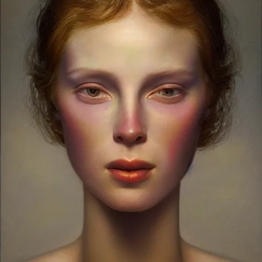 Prompt: A beautiful portrait of a woman with iridescent skin by James C. Christensen