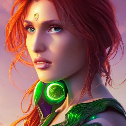 Image similar to ultra realistic illustration, bella thorne as jainway as starfire anime with glowing green eyes, intricate, elegant, highly detailed, digital painting, artstation, concept art, smooth, sharp focus, illustration, art by artgerm and greg rutkowski and alphonse mucha