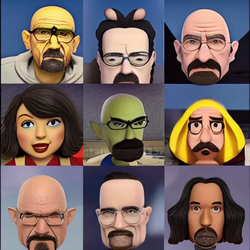 Prompt: cast of breaking bad as disney 3 d characters