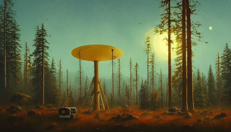 Image similar to space communication dish, sun in the sky, early morning, forest in the background, simon stalenhag