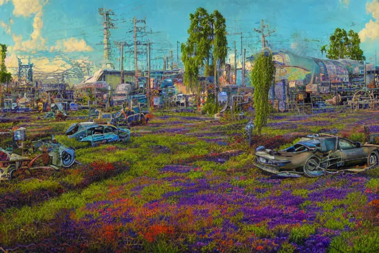 Image similar to oil painting, super - detailed scene akira, twilight junkyard, louisiana swamps, indigo blooming flowers garden, japanese sci - fi books art, artwork by jean giraud, hd, 4 k, high quality