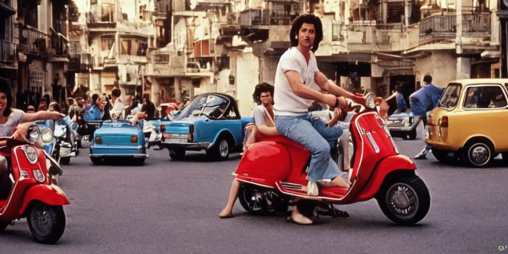 Prompt: movie in the 7 0 s, grease, disco, vespa motorcicles, fiat uno, in the city of genova still image. cinematic. color grading.