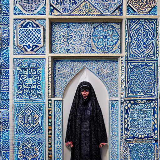 Prompt: a mannequin covered in tile work from an iranian mosque, octane, 8 k, hyper realism