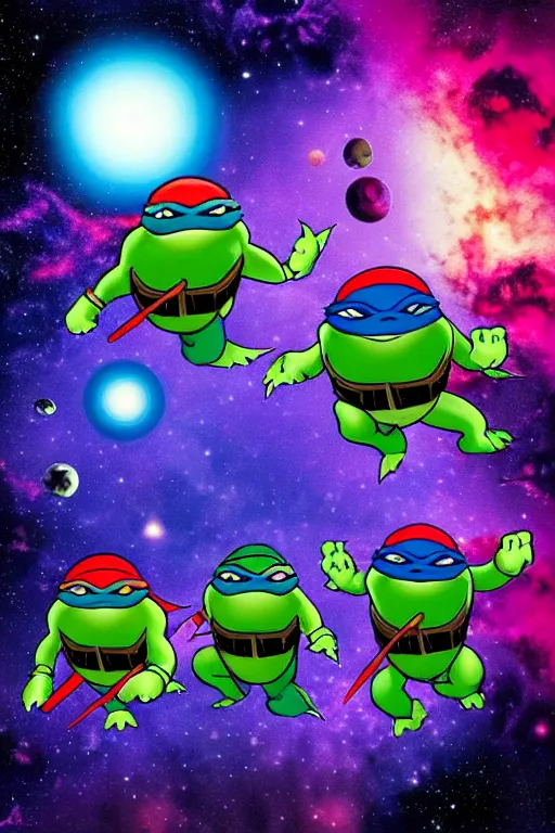 Prompt: the ninja turtles floating in deep space with a beautiful galaxy behind them