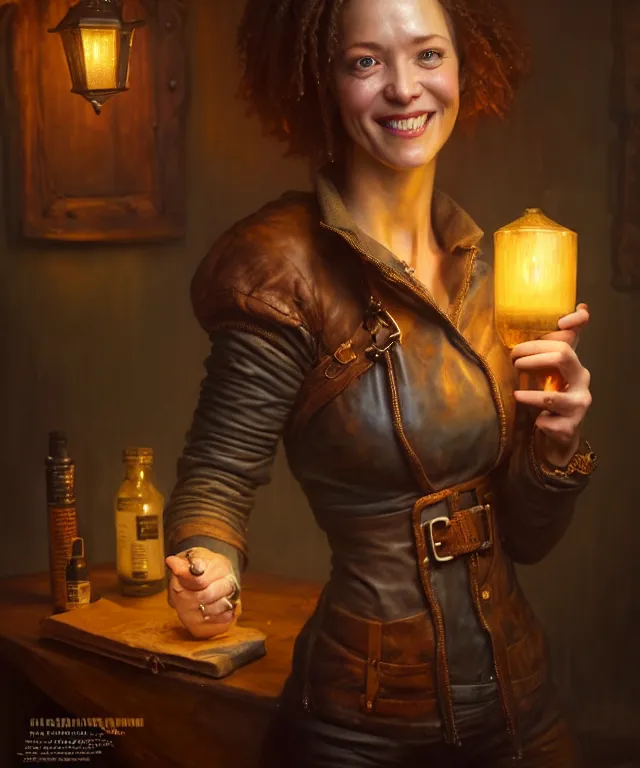 Prompt: hyperrealistic mixed media painting of a beautiful grinning female rogue, dimly lit cozy tavern, leather tunic, confident relaxed pose, d&d, stunning 3d render inspired art by Tim Okamura and Lise Deharme + perfect facial symmetry + dim volumetric lighting, 8k octane beautifully detailed render, post-processing, extremely hyperdetailed, intricate, epic composition, grim yet sparkling atmosphere, cinematic lighting + masterpiece, trending on artstation, very very detailed, masterpiece, stunning