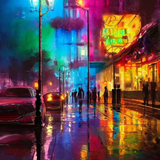 Image similar to acrylic painting, impressionism and expressionism, strong emotional impact, bold pastel colors, expressive brushstrokes, puddles, an art deco streetscape lined with beautiful flowers, by liam wong and tyler edlin, trending on artstation