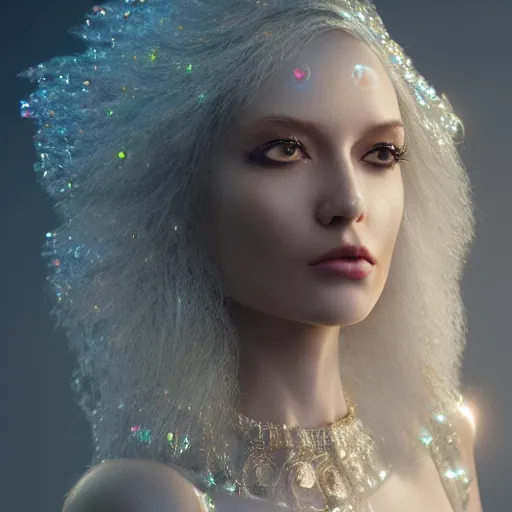 Image similar to beautiful pragmatic face, crystal, platinum, gold, biomechanoid with incredible iridescent pearlescent voluminous fiberoptic hair, crystalline masterpiece implants, hyperdetailed face, elegant pose, movie still, intricate, octane render, cinematic forest lighting, unreal engine, dieselpunk setting, crepuscular rays, god rays.