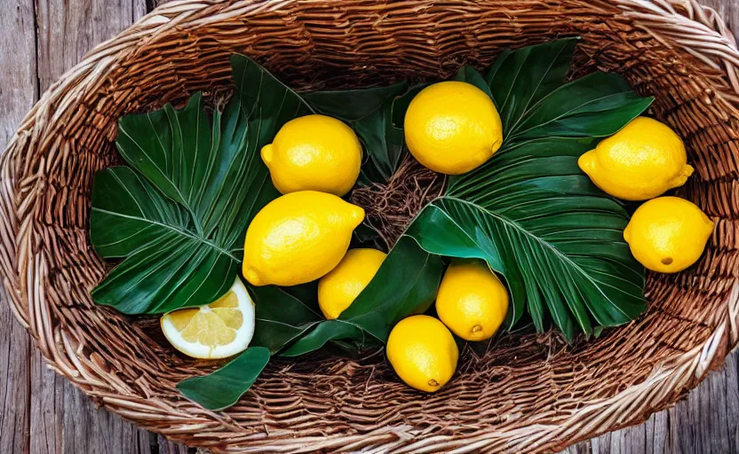 Image similar to a basket of lemons, surrounded by palm leaves, photography