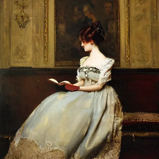 Image similar to young victorian lady in ball gown reading a book, painted by alfred stevens