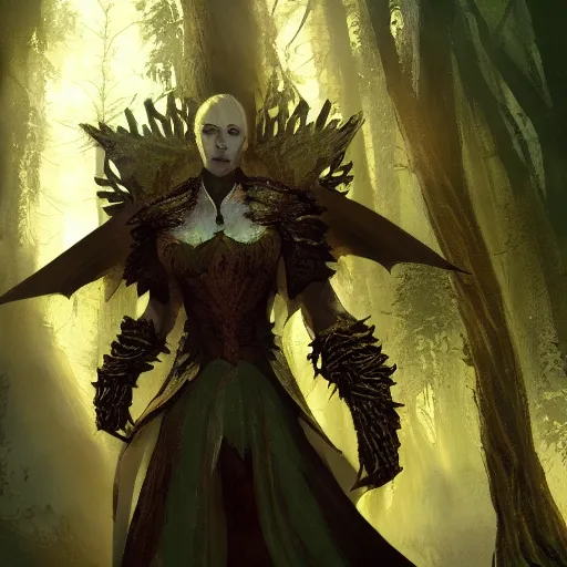 Image similar to high depth, published concept art, dragon age origins bioware morigan standing tall in forest with soft lighting