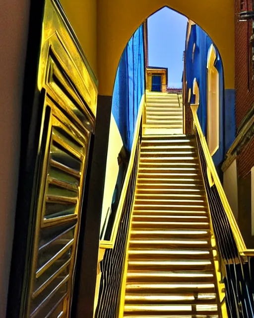 Image similar to golden staircase ascending towards the green staircase ascending towards the blue staircase ascending towards the red brick staircase ascending towards the moon